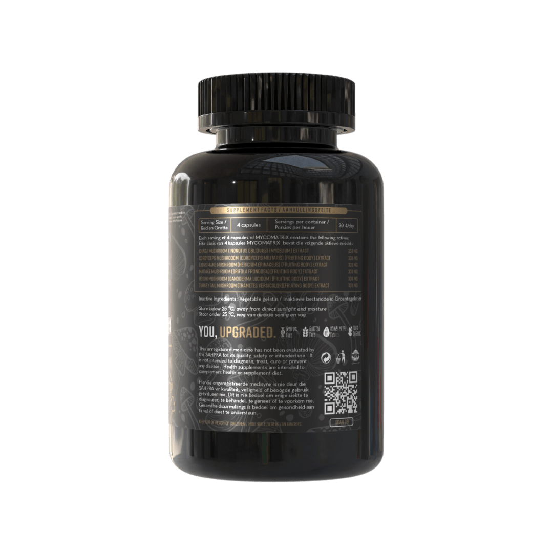 MYCOMATRIX 6 - IN - 1 Medicinal Mushrooms - back bottle Doc Marty's Mushrooms
