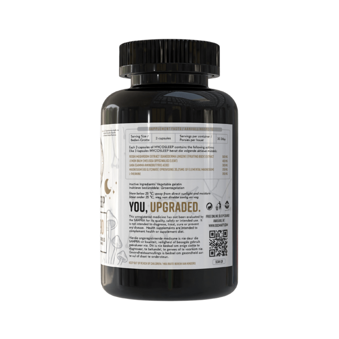 MYCOSLEEP 180's Reishi Mushroom Formula - back bottle Doc Marty's Mushrooms
