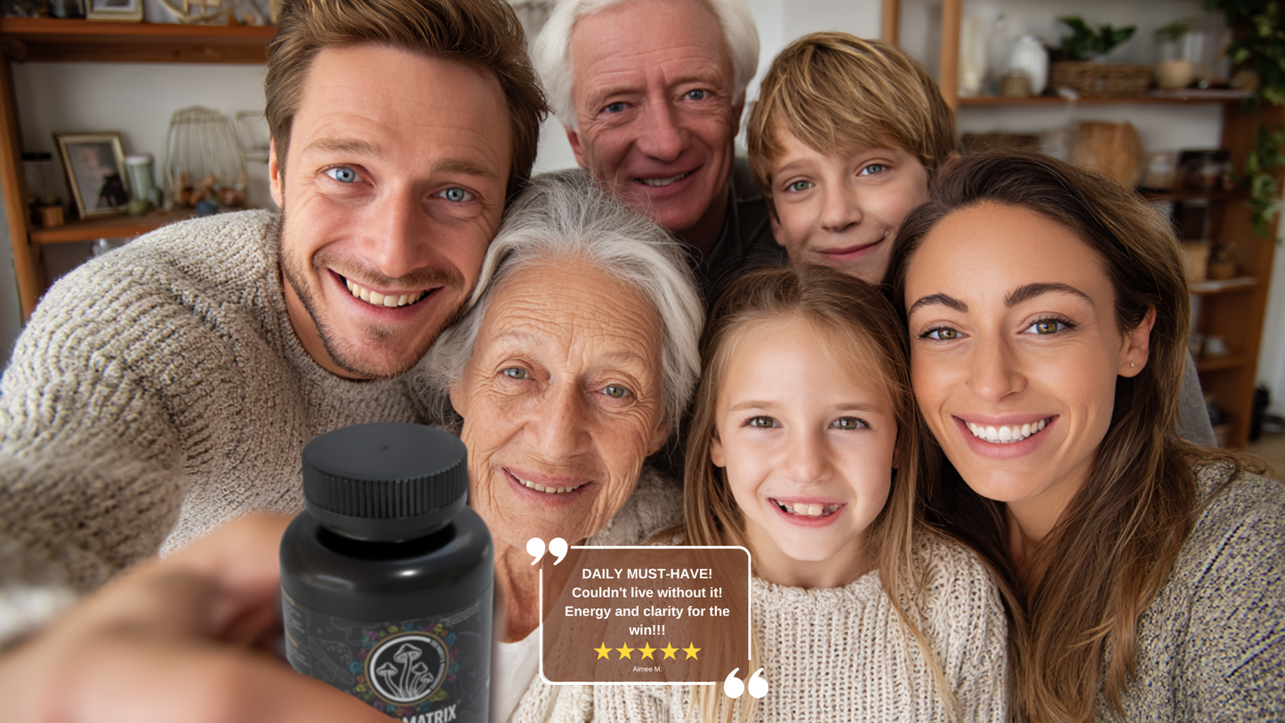 a family taking a selfie holding a bottle of mushrooms 